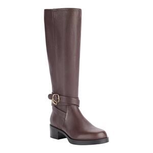 Karl Lagerfeld Tall Pebbled Leather Riding Boots in Dark Brown with Gold Buckle